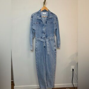 NWOT Mango Light Wash Denim Jumpsuit Boiler Suit Tie Belt Long Sleeve Size XS